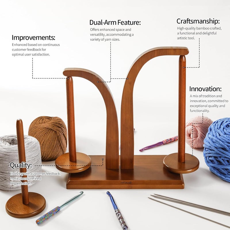 FLYKEY Yarn Holder for Knitting and Crocheting,Wooden Yarn Spinner with 2 Spindles by Artowell,an Ideal Gift for Knitting Enthusiasts Knitting,Wool Storage for Knitting Lovers in Walnut Color - Image 4